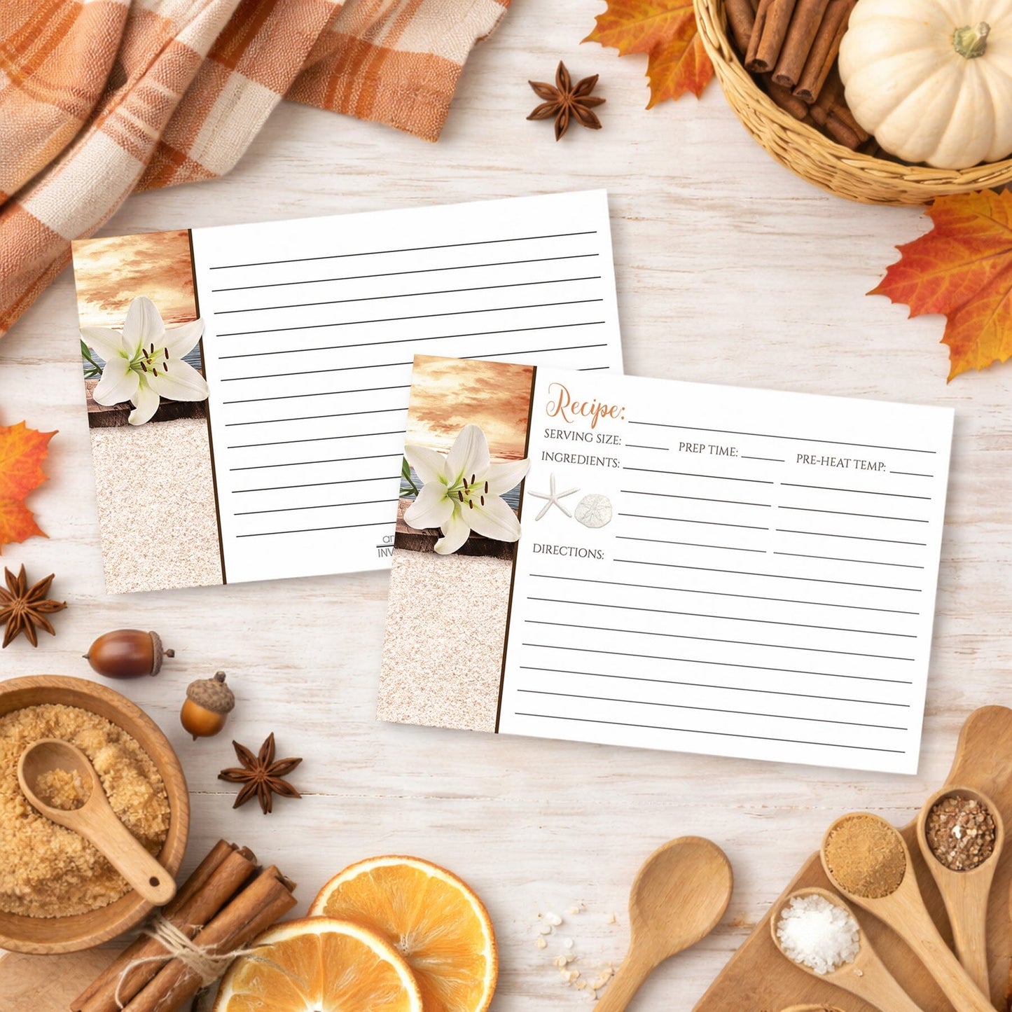 Set of Lily Seashells and Sand Autumn Beach Recipe Cards on a wooden surface with fall decorations and ingredients