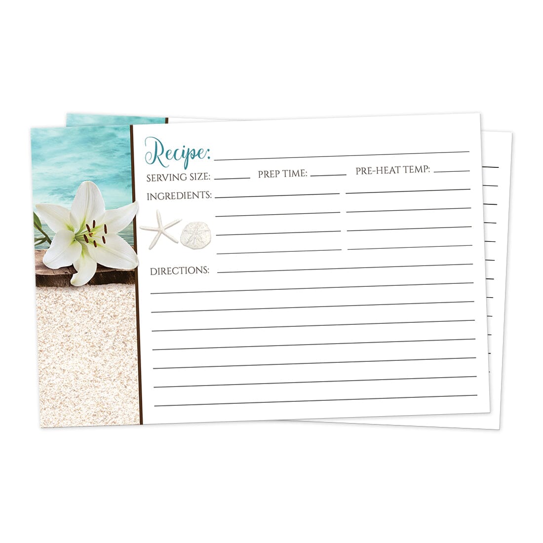 Front side of the Lily Seashells and Sand Beach Recipe Cards