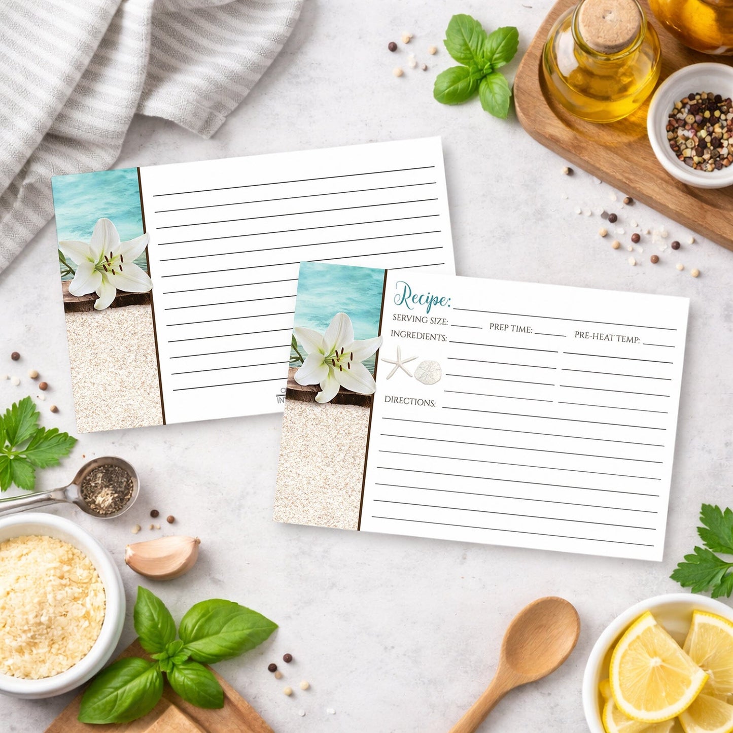 Set of Lily Seashells and Sand Beach Recipe Cards on an everyday kitchen counter with ingredients.