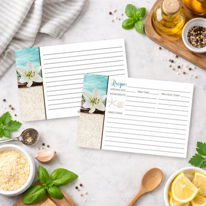 Set of Lily Seashells and Sand Beach Recipe Cards on an everyday kitchen counter with ingredients.