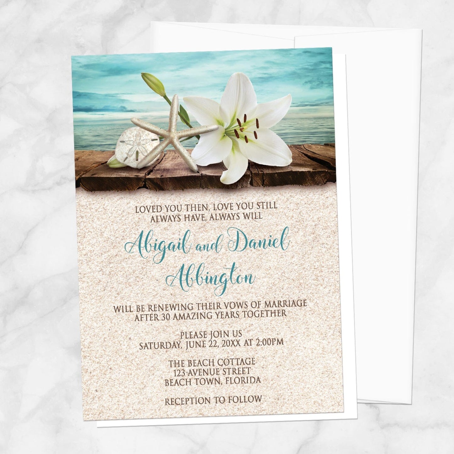 Lily Seashells and Sand Beach Vow Renewal Invitation shown on a marble surface with a white envelope.