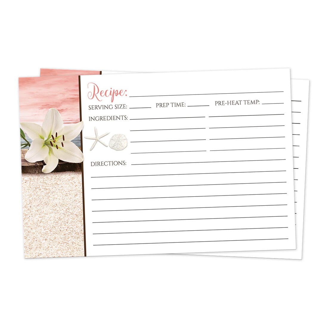 Front side of the Lily Seashells and Sand Coral Beach Recipe Cards