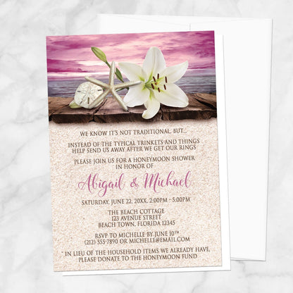 Lily Seashells and Sand Magenta Beach Honeymoon Shower Invitation shown on a marble surface with a white envelope.