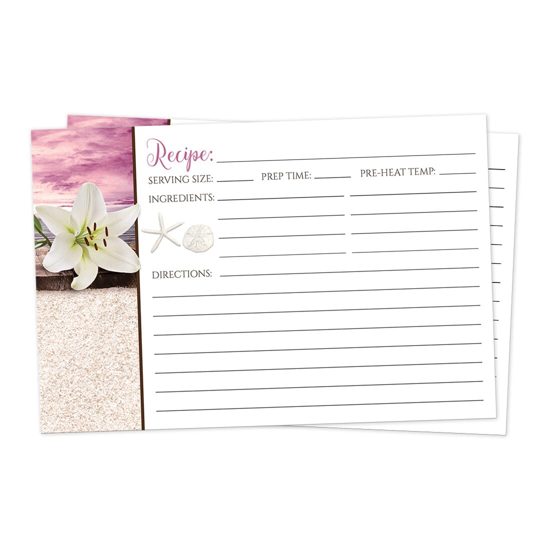 Front side of the Lily Seashells and Sand Magenta Beach Recipe Cards
