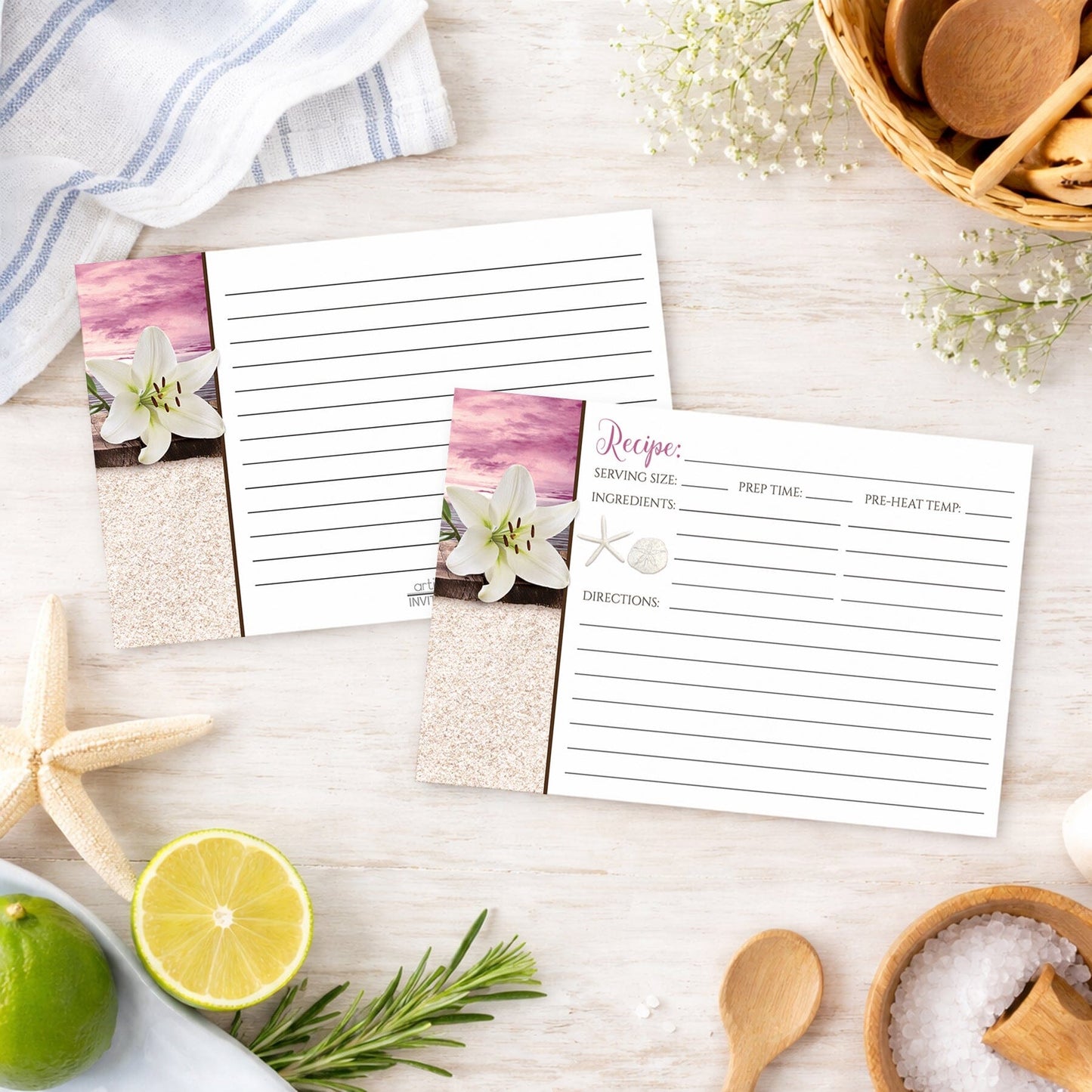 Set of recipe cards Lily Seashells and Sand Magenta Beach Recipe Cards on a wooden surface with beach house kitchen items and ingredients around