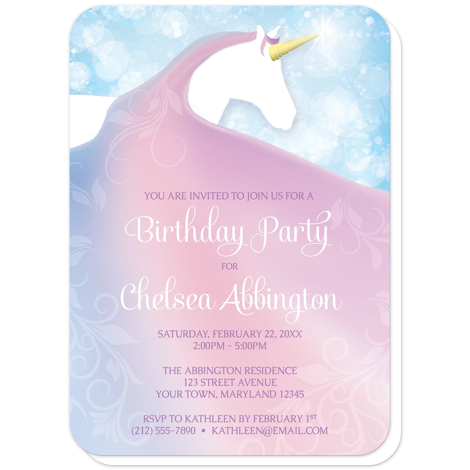 Magical Fairy-tale Unicorn Birthday Party Invitations (with rounded corners) at Artistically Invited. Uniquely illustrated magical fairy-tale unicorn birthday party invitations with a white silhouette unicorn with a golden horn and a long flowing mane in a pink, blue, and purple gradient design. The personalized information you provide for your birthday party details will be custom printed in white and light purple over the colorful unicorn mane. Behind the unicorn is a magical blue bokeh background design.