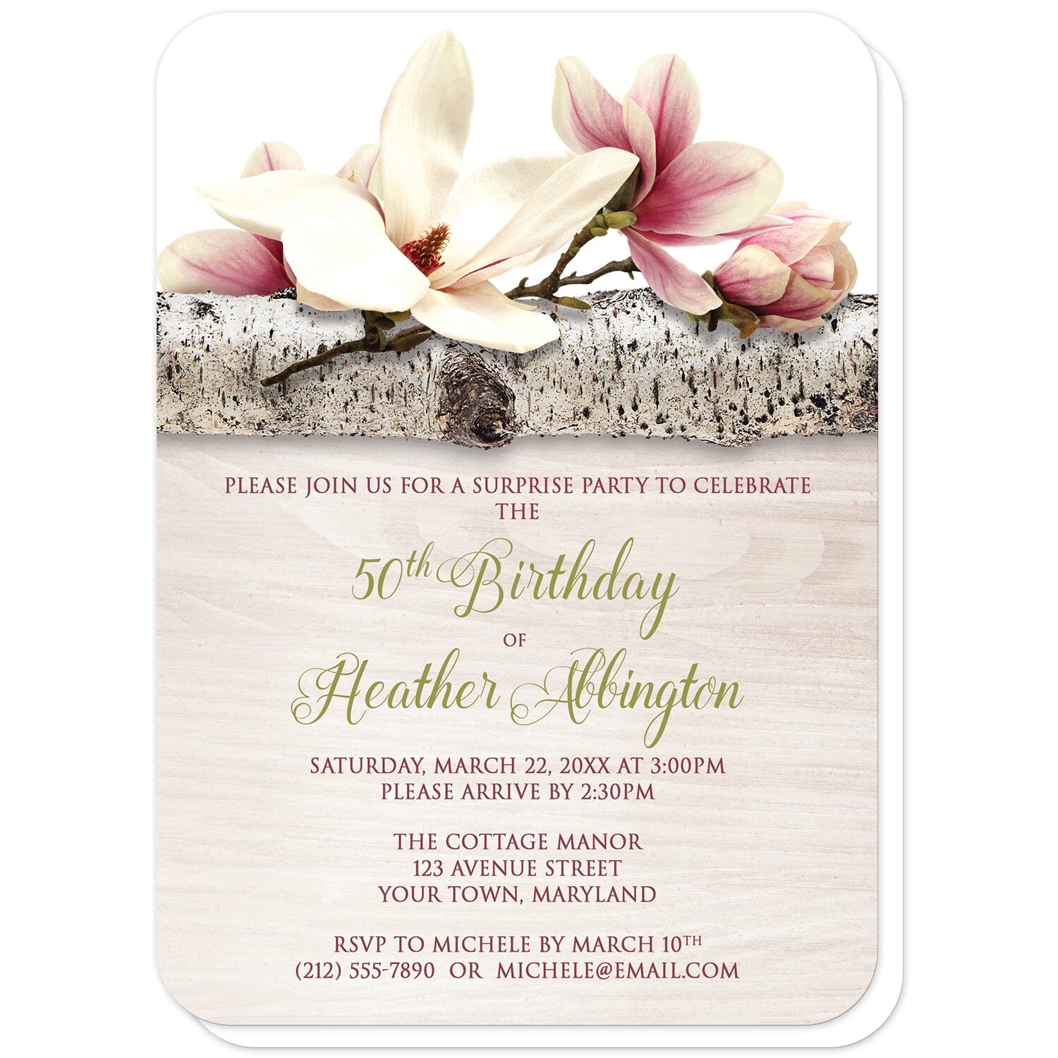 Magnolia Birch Light Wood Floral Birthday Invitations (with rounded corners) at Artistically Invited. Beautiful magnolia birch light wood floral birthday invitations with pink and white magnolia flowers laying on a birch tree branch along the top. Your personalized birthday party details are custom printed in dark pink and light olive green over a light wood background illustration. 