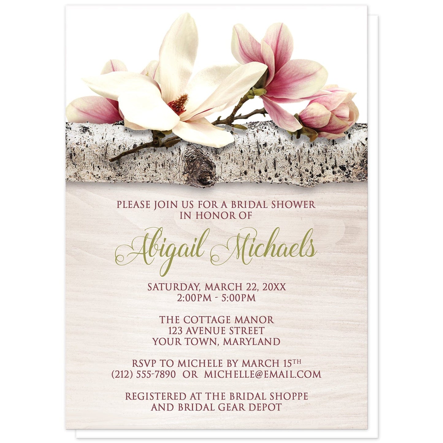 Magnolia Birch Light Wood Floral Bridal Shower Invitations at Artistically Invited. Beautiful magnolia birch light wood floral bridal shower invitations with pink and white magnolia flowers laying on a birch tree branch along the top. Your personalized bridal shower celebration details are custom printed in dark pink and light olive green over a light wood background illustration.