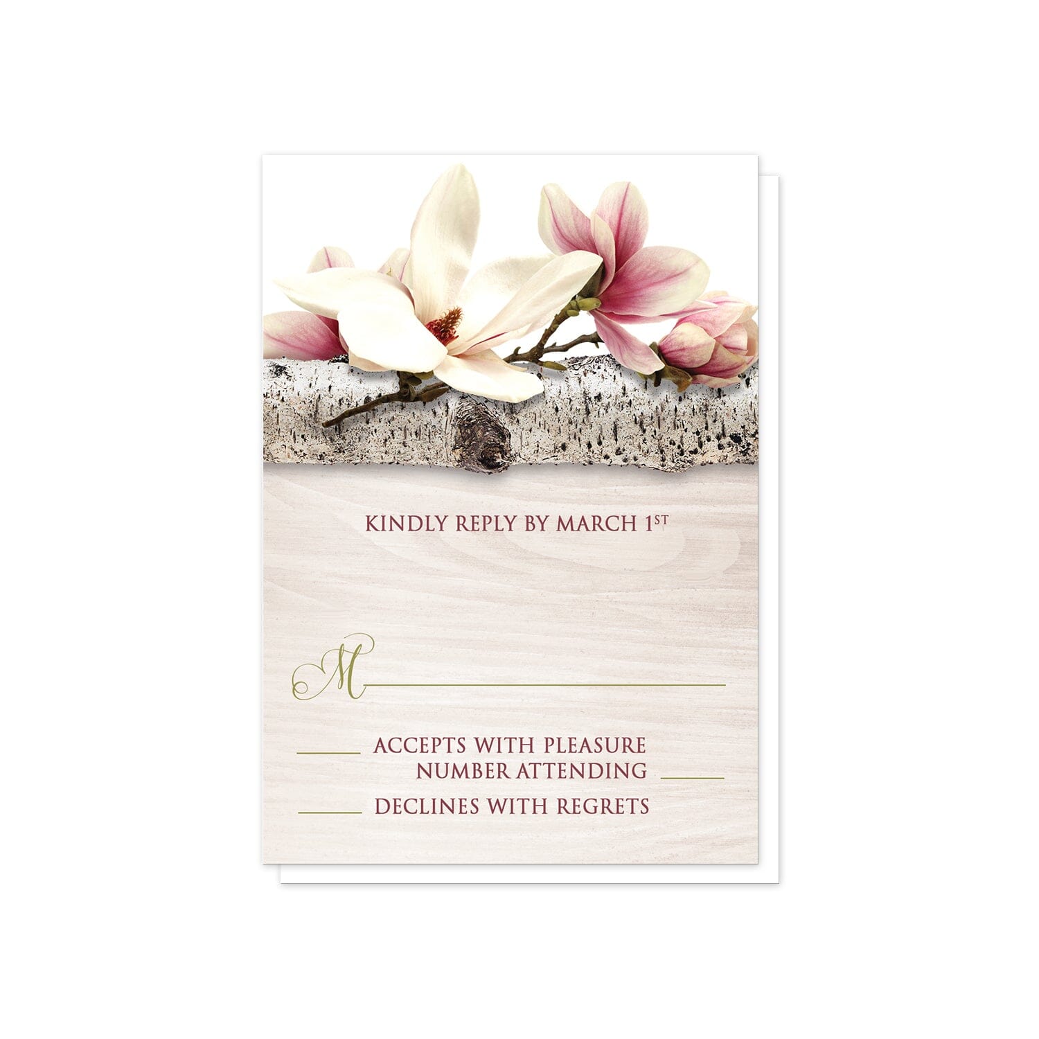 Magnolia Birch Light Wood Floral RSVP Cards at Artistically Invited.