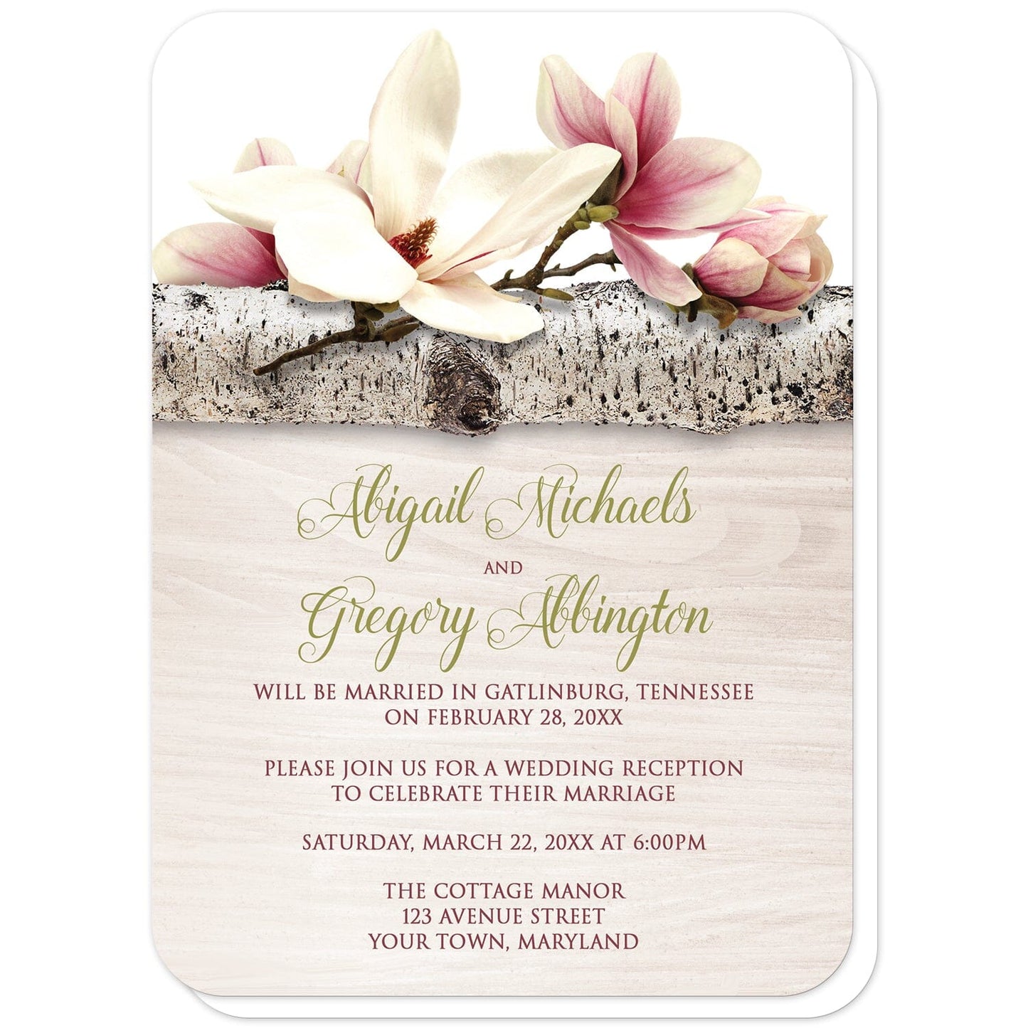 Magnolia Birch Light Wood Floral Reception Only Invitations (with rounded corners) at Artistically Invited. Beautiful magnolia birch light wood floral reception only invitations with pink and white magnolia flowers laying on a birch tree branch along the top. Your personalized post-wedding reception details are custom printed in dark pink and light olive green over a light wood background illustration.