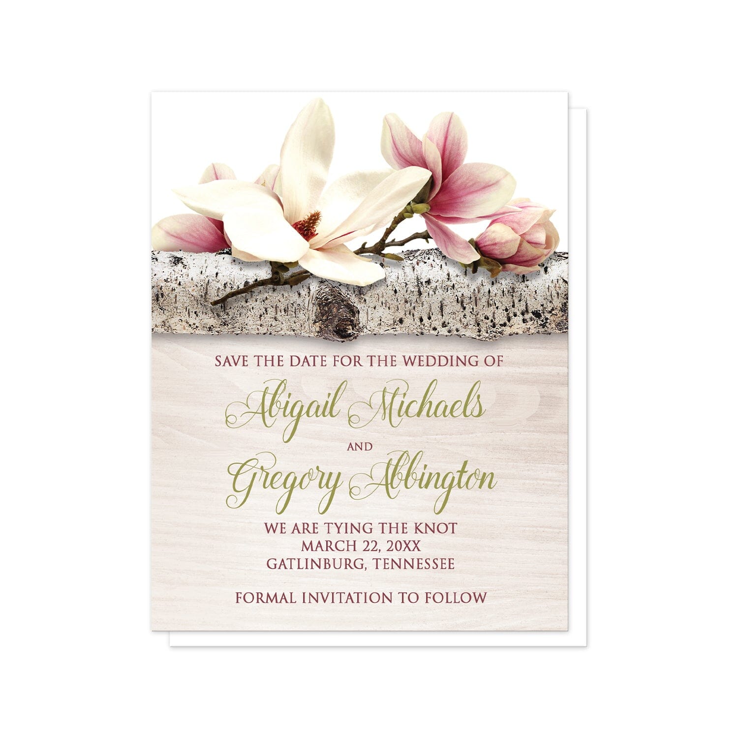 Magnolia Birch Light Wood Floral Save the Date Cards at Artistically Invited. Beautiful magnolia birch light wood floral save the date cards with pink and white magnolia flowers laying on a birch tree branch along the top. Your personalized wedding date announcement details are custom printed in dark pink and light olive green over a light wood background illustration.