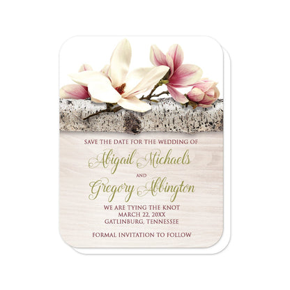 Magnolia Birch Light Wood Floral Save the Date Cards (with rounded corners) at Artistically Invited. Beautiful magnolia birch light wood floral save the date cards with pink and white magnolia flowers laying on a birch tree branch along the top. Your personalized wedding date announcement details are custom printed in dark pink and light olive green over a light wood background illustration.