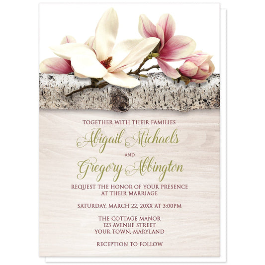 Magnolia Birch Light Wood Floral Wedding Invitations at Artistically Invited. Beautiful magnolia birch light wood floral wedding invitations with pink and white magnolia flowers laying on a birch tree branch along the top. Your personalized marriage celebration details are custom printed in dark pink and light olive green over a light wood background illustration.