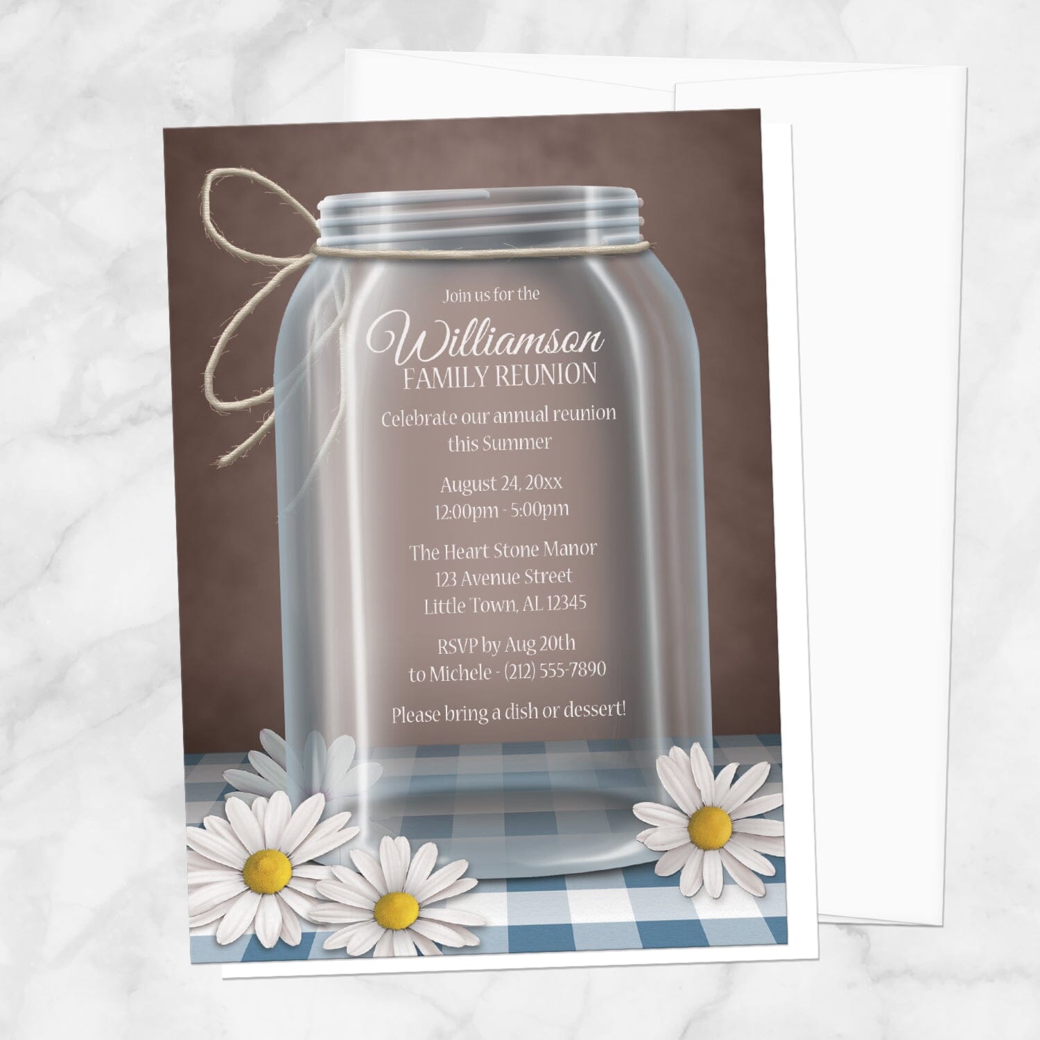 Mason Jar Daisy Blue Gingham Family Reunion Invitation shown on a marble surface with a white envelope.