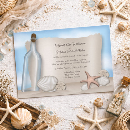 Beach reception only invitation with illustrated corked glass bottle beside a parchment-style message, seashells, sand dollars, starfish, and blue sky background, styled on sand with starfish, shells, and woven decor.