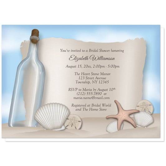 Message from a Bottle Beach Bridal Shower Invitations at Artistically Invited. Message from a bottle beach bridal shower invitations with an "on the beach" and "message from a bottle" theme. They're designed with an illustrated empty glass bottle, a paper message area, beige sand, a blue sky, and assorted seashells. Your personalized bridal shower celebration details are custom printed in brown over the paper illustration.