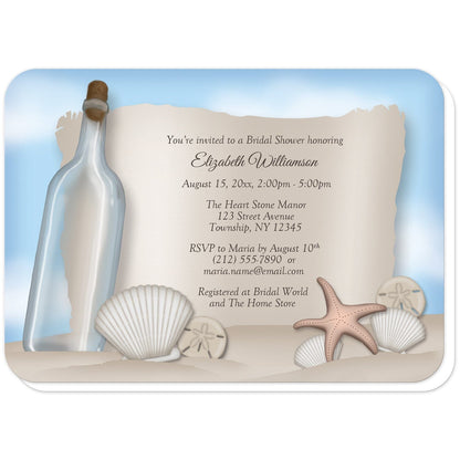 Message from a Bottle Beach Bridal Shower Invitations (with rounded corners) at Artistically Invited. Message from a bottle beach bridal shower invitations with an "on the beach" and "message from a bottle" theme. They're designed with an illustrated empty glass bottle, a paper message area, beige sand, a blue sky, and assorted seashells. Your personalized bridal shower celebration details are custom printed in brown over the paper illustration.