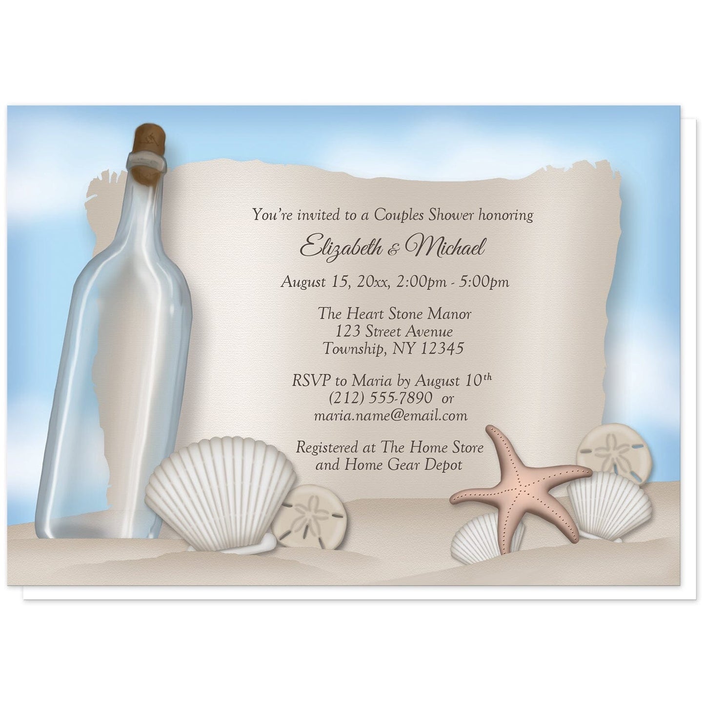 Message from a Bottle Beach Couples Shower Invitations at Artistically Invited. Message from a bottle beach couples shower invitations with an "on the beach" and "message from a bottle" theme. They're designed with an illustrated empty glass bottle, a paper message area, beige sand, a blue sky, and assorted seashells. Your personalized couples shower celebration details are custom printed in brown over the paper illustration.