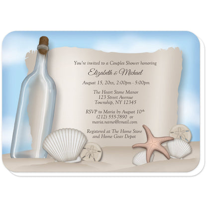 Message from a Bottle Beach Couples Shower Invitations (with rounded corners) at Artistically Invited. Message from a bottle beach couples shower invitations with an "on the beach" and "message from a bottle" theme. They're designed with an illustrated empty glass bottle, a paper message area, beige sand, a blue sky, and assorted seashells. Your personalized couples shower celebration details are custom printed in brown over the paper illustration.