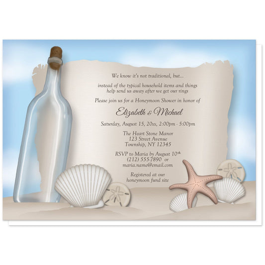 Message from a Bottle Beach Honeymoon Shower Invitations at Artistically Invited. Message from a bottle beach honeymoon shower invitations with an "on the beach" and "message from a bottle" theme. They're designed with an illustrated empty glass bottle, a paper message area, beige sand, a blue sky, and assorted seashells. Your personalized honeymoon shower celebration details are custom printed in brown over the paper illustration.