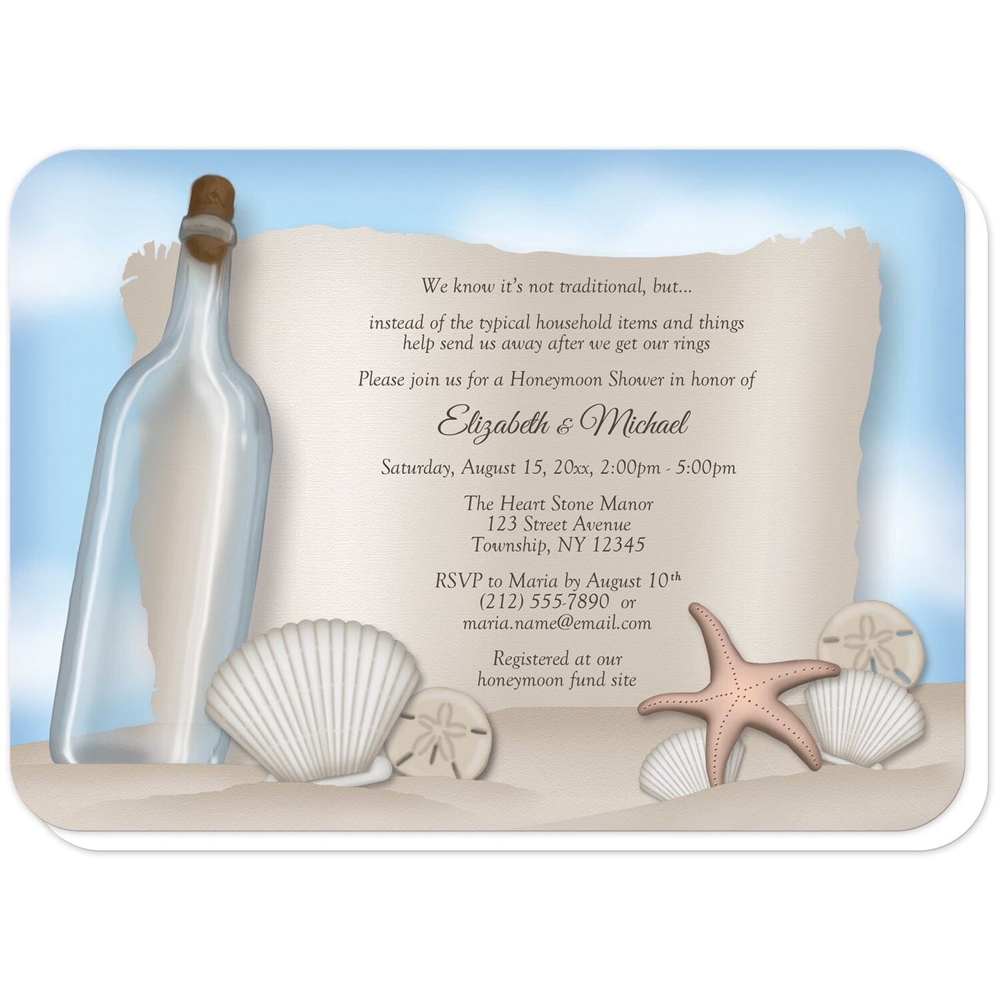 Message from a Bottle Beach Honeymoon Shower Invitations (with rounded corners) at Artistically Invited. Message from a bottle beach honeymoon shower invitations with an "on the beach" and "message from a bottle" theme. They're designed with an illustrated empty glass bottle, a paper message area, beige sand, a blue sky, and assorted seashells. Your personalized honeymoon shower celebration details are custom printed in brown over the paper illustration.