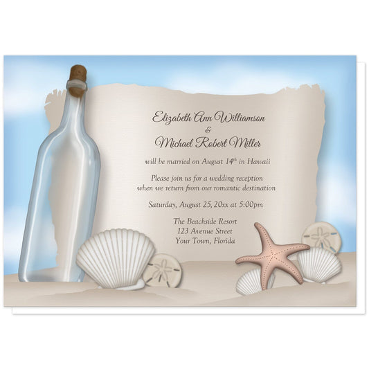 Message from a Bottle Beach Reception Only Invitations at Artistically Invited. Message from a bottle beach reception only invitations with an "on the beach" and "message from a bottle" theme. They're designed with an illustrated empty glass bottle, a paper message area, beige sand, a blue sky, and assorted seashells. Your personalized post-wedding reception celebration details are custom printed in brown over the paper illustration.