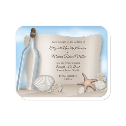Message from a Bottle Beach Save the Date Cards (with rounded corners) at Artistically Invited. Message from a bottle beach save the date cards with an "on the beach" and "message from a bottle" theme. They're designed with an illustrated empty glass bottle, a paper message area, beige sand, a blue sky, and assorted seashells. Your personalized wedding date announcement details are custom printed in brown over the paper illustration.