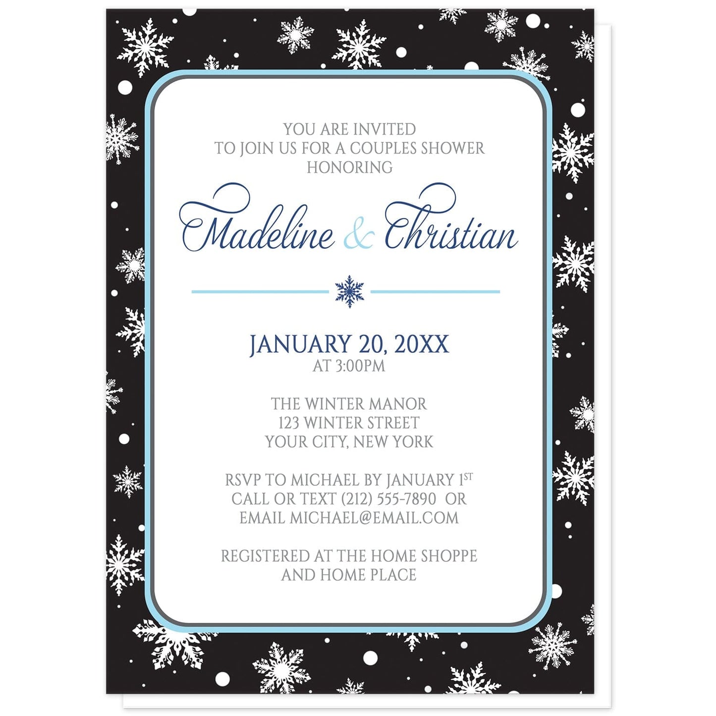 Midnight Snowflake Winter Couples Shower Invitations at Artistically Invited. Midnight snowflake winter couples shower invitations with white snowflakes over a black background. Your personalized couples shower celebration details are custom printed in navy blue, aqua blue, and medium gray over a white rectangular area outlined in aqua and navy blue.