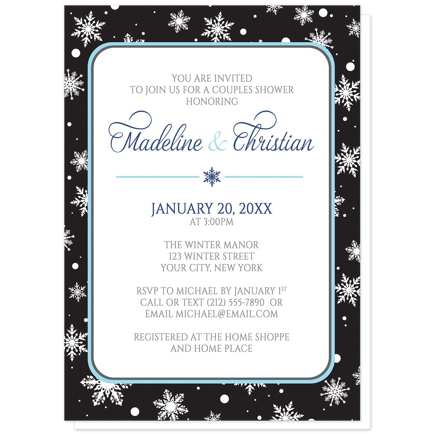 Midnight Snowflake Winter Couples Shower Invitations at Artistically Invited. Midnight snowflake winter couples shower invitations with white snowflakes over a black background. Your personalized couples shower celebration details are custom printed in navy blue, aqua blue, and medium gray over a white rectangular area outlined in aqua and navy blue.