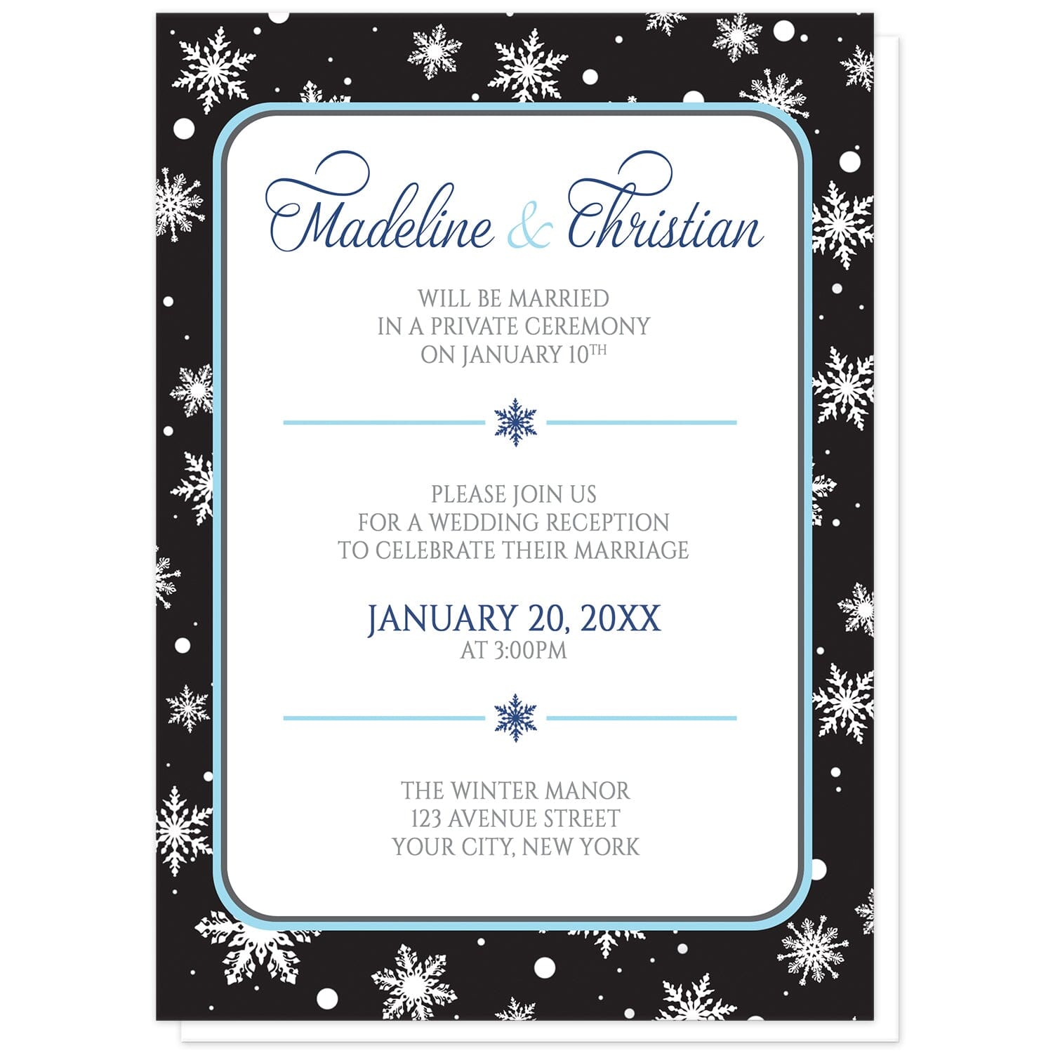 Midnight Snowflake Winter Reception Only Invitations at Artistically Invited. Midnight snowflake winter reception only invitations with white snowflakes over a black background. Your personalized post-wedding reception celebration details are custom printed in navy blue, aqua blue, and medium gray over a white rectangular area outlined in aqua and navy blue.