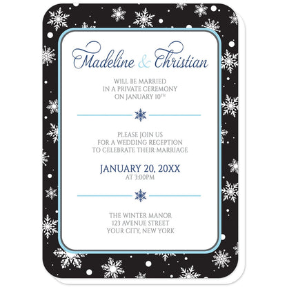 Midnight Snowflake Winter Reception Only Invitations (with rounded corners) at Artistically Invited. Midnight snowflake winter reception only invitations with white snowflakes over a black background. Your personalized post-wedding reception celebration details are custom printed in navy blue, aqua blue, and medium gray over a white rectangular area outlined in aqua and navy blue.