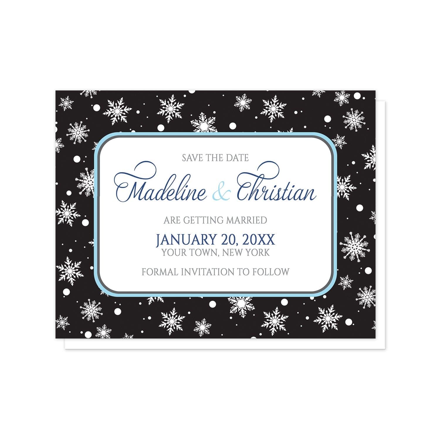Midnight Snowflake Winter Save the Date Cards at Artistically Invited. Midnight snowflake winter save the date cards with white snowflakes over a black background. Your personalized wedding date announcement details are custom printed in navy blue, aqua blue, and medium gray over a white rectangular area outlined in aqua and navy blue.