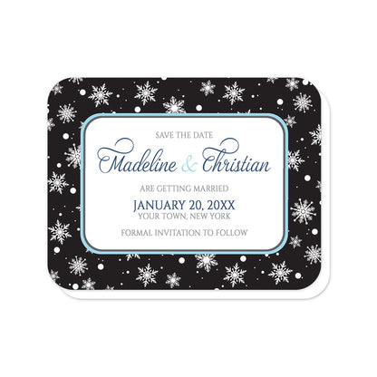 Midnight Snowflake Winter Save the Date Cards (with rounded corners) at Artistically Invited. Midnight snowflake winter save the date cards with white snowflakes over a black background. Your personalized wedding date announcement details are custom printed in navy blue, aqua blue, and medium gray over a white rectangular area outlined in aqua and navy blue.
