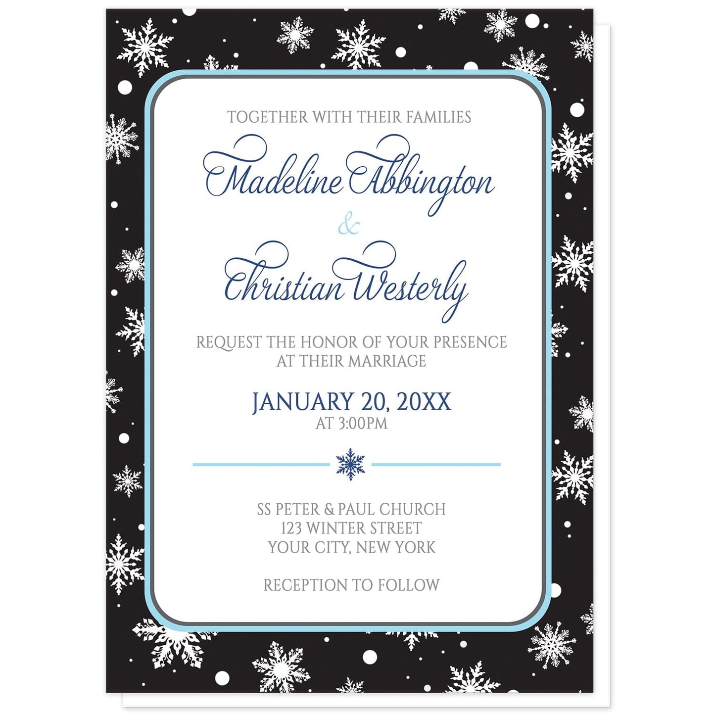 Midnight Snowflake Winter Wedding Invitations at Artistically Invited. Midnight snowflake winter wedding invitations with white snowflakes over a black background. Your personalized marriage details are custom printed in navy blue, aqua blue, and medium gray over a white rectangular area outlined in aqua and navy blue.