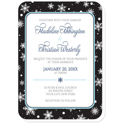 Midnight Snowflake Winter Wedding Invitations (with rounded corners) at Artistically Invited. Midnight snowflake winter wedding invitations with white snowflakes over a black background. Your personalized marriage details are custom printed in navy blue, aqua blue, and medium gray over a white rectangular area outlined in aqua and navy blue.