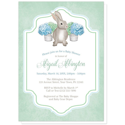 Mint Green Blue Hydrangea Rabbit Baby Shower Invitations at Artistically Invited. Mint green blue hydrangea rabbit baby shower invitations with a watercolor-inspired illustration of cute little brown bunny rabbit and blue and green hydrangea floral arrangements in tin buckets behind it. Your personalized baby shower celebration details will be custom printed in blue, green, and brown in the white frame area, outlined with blue and green, over a rustic mint green-colored background.