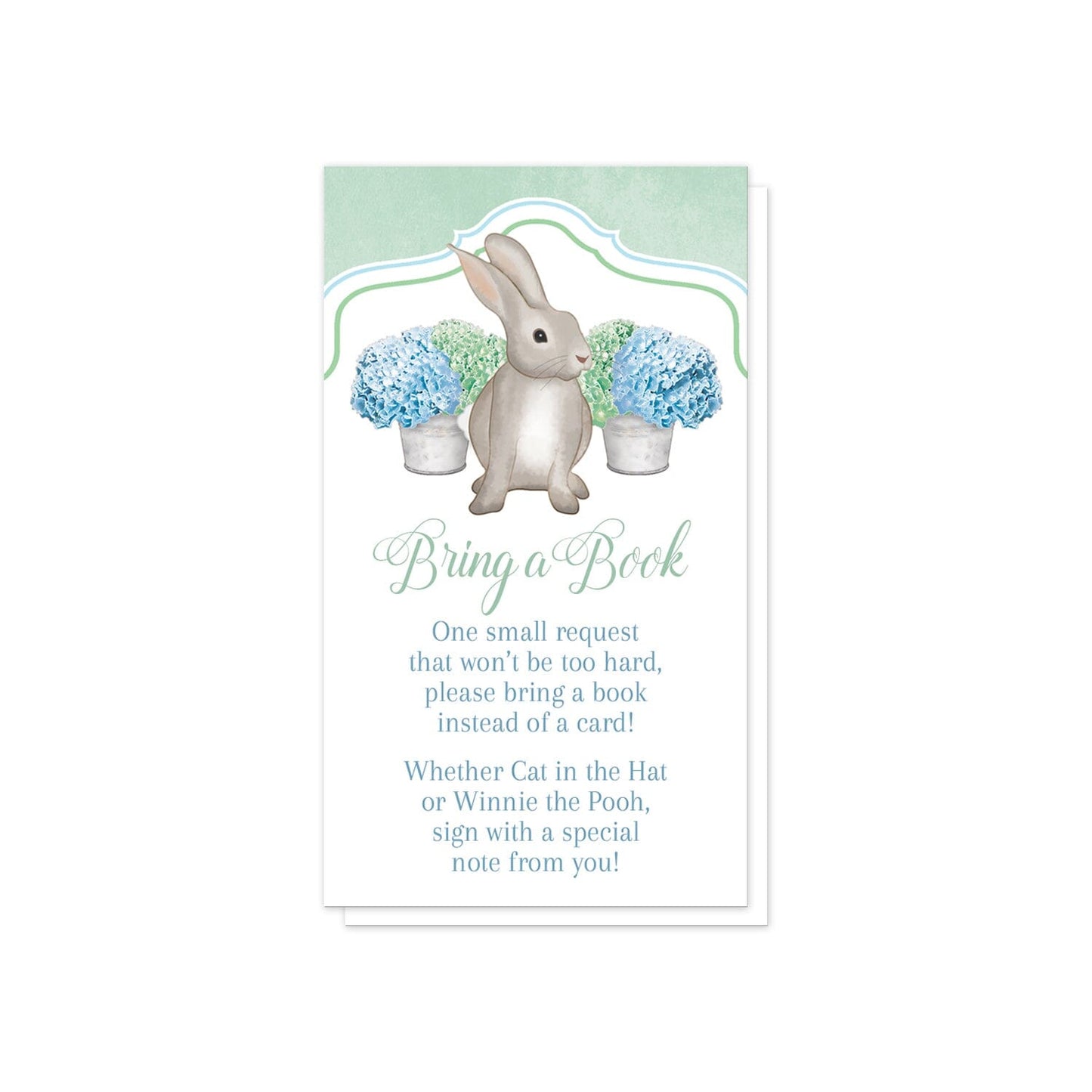 Mint Green Blue Hydrangea Rabbit Bring a Book Cards at Artistically Invited. Adorable mint green blue hydrangea rabbit bring a book cards with a watercolor-inspired illustration of cute little brown bunny rabbit with blue and green hydrangea floral arrangements in tin buckets behind it and a rustic mint green background at the top. Your book request details are printed in green and blue on white below the cute rabbit. 