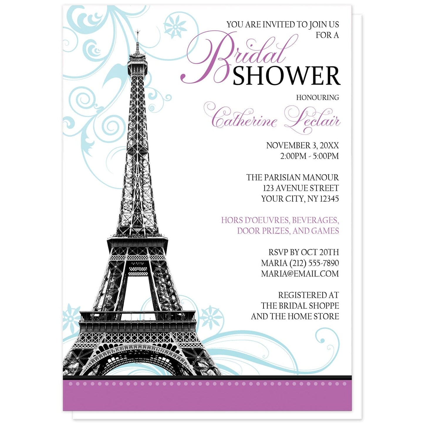 Modern Eiffel Tower Purple Parisian Bridal Shower Invitations at Artistically Invited. Modern Eiffel Tower purple Parisian bridal shower invitations with a monochromatic illustration of the Eiffel Tower with light blue flourishes behind it and a purple stripe along the bottom. Your personalized bridal shower celebration details are custom printed in black and purple along the right side. 