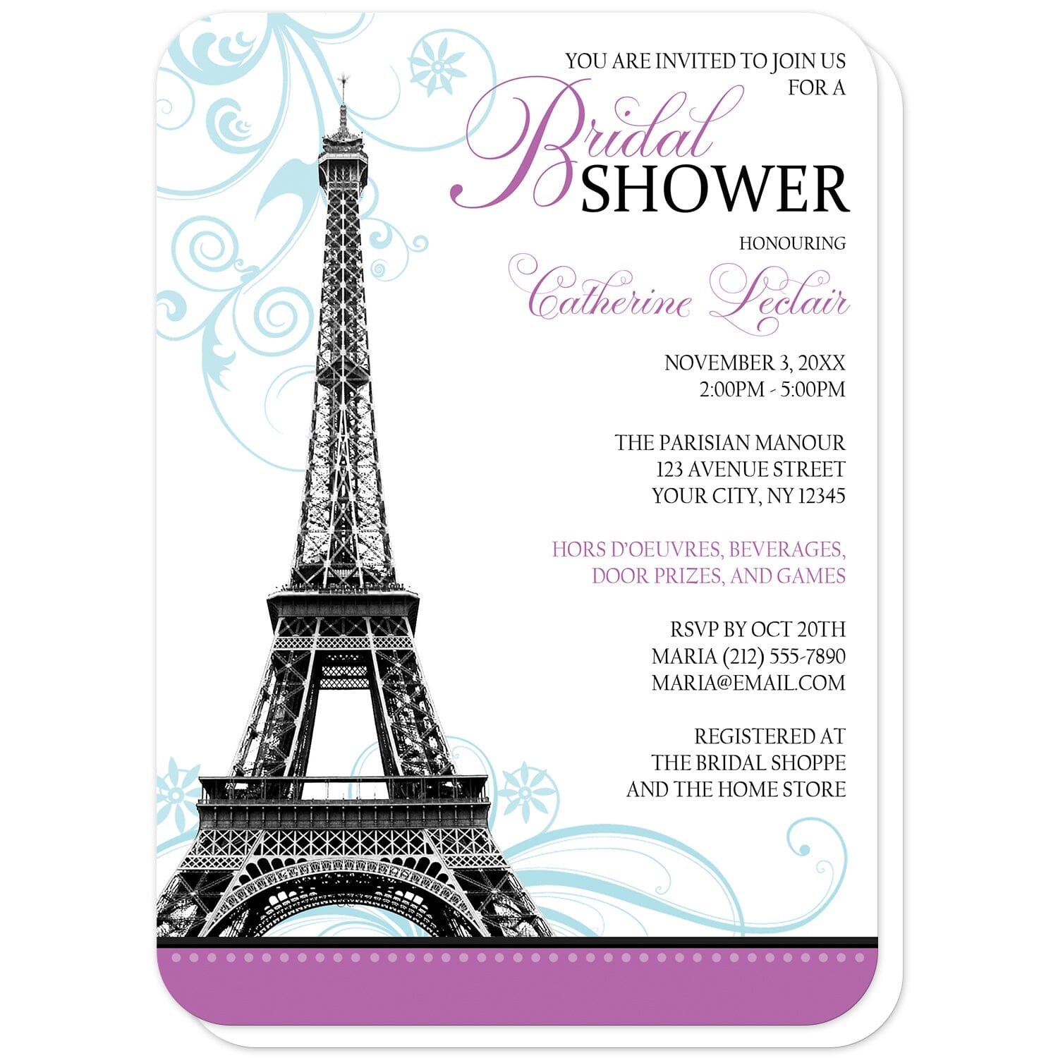Modern Eiffel Tower Purple Parisian Bridal Shower Invitations (with rounded corners) at Artistically Invited. Modern Eiffel Tower purple Parisian bridal shower invitations with a monochromatic illustration of the Eiffel Tower with light blue flourishes behind it and a purple stripe along the bottom. Your personalized bridal shower celebration details are custom printed in black and purple along the right side. 