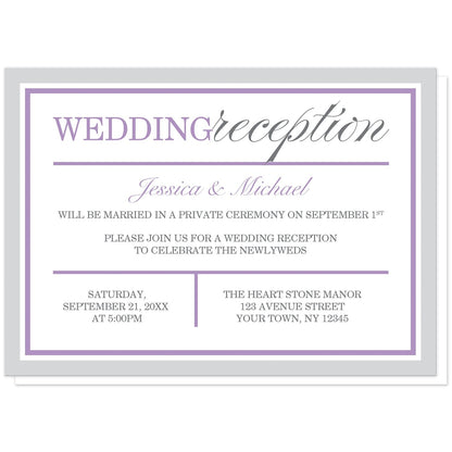 Modern Gray and Purple Reception Only Invitations at Artistically Invited. Modern gray and purple reception only invitations with a stylish minimalist purple and gray typography design and a purple and light gray border. Your personalized post-wedding reception celebration details are custom printed in purple and gray.