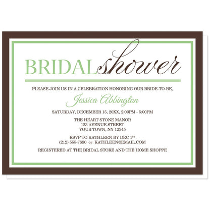Modern Green and Brown Bridal Shower Invitations at Artistically Invited. Modern green and brown bridal shower invitations with a stylish minimalist green and brown typography design and border in the same colors. Your personalized bridal shower celebration details are arranged in green and brown.
