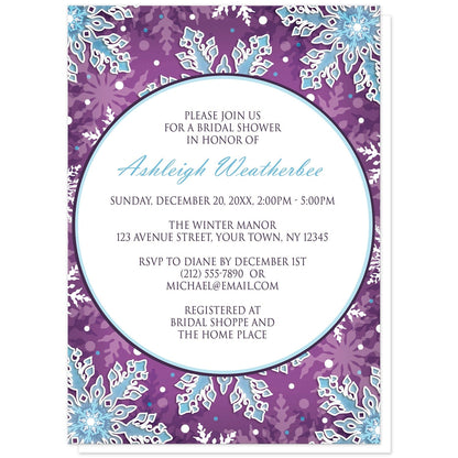 Modern Purple Blue Snowflake Bridal Shower Invitations at Artistically Invited. Modern purple blue snowflake bridal shower invitations with your personalized bridal shower celebration details custom printed in blue and purple in a white circle over a royal purple background covered in ornate white and blue snowflakes.