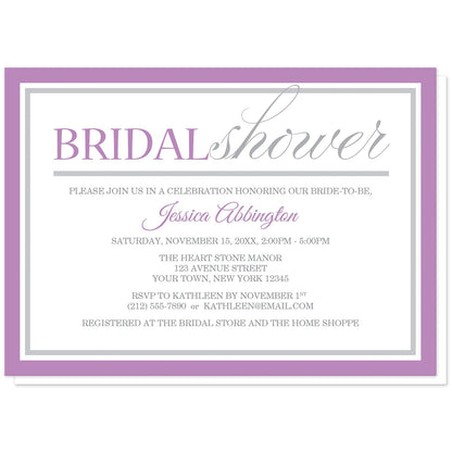 Modern Purple and Gray Bridal Shower Invitations at Artistically Invited. Modern purple and gray bridal shower invitations with a stylish minimalist purple and gray typography design and a border in the same colors. Your personalized bridal shower celebration details are arranged in purple and gray.