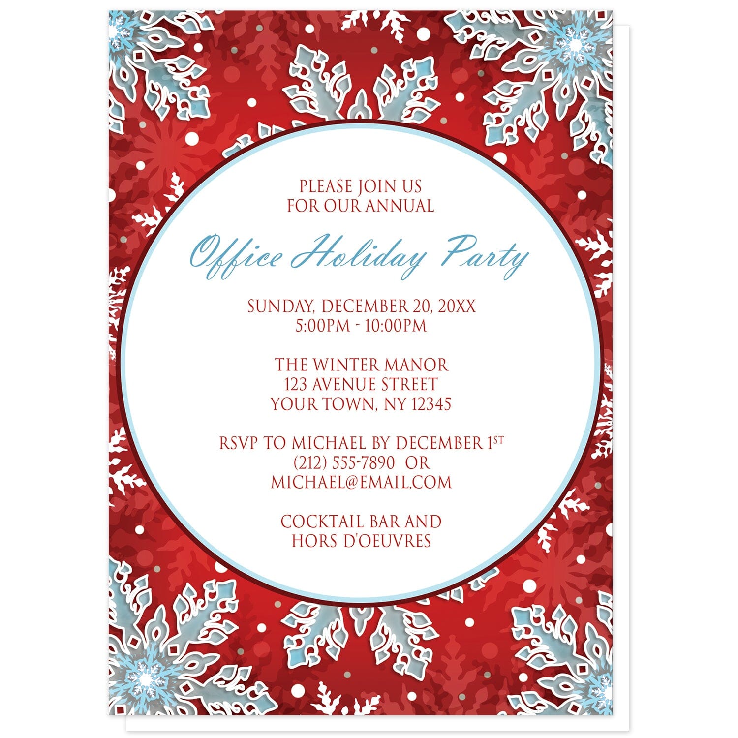 Modern Red White Blue Snowflake Holiday Party Invitations at Artistically Invited. Modern red white blue snowflake holiday party invitations with your personalized office holiday party or family holiday party details custom printed in blue and purple in a white circle over a royal red background covered in ornate white and blue snowflakes.