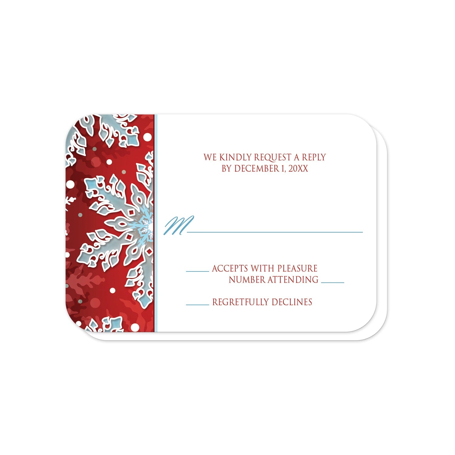 Modern Red White Blue Snowflake RSVP Cards (with rounded corners) at Artistically Invited.