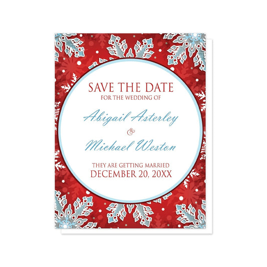 Modern Red White Blue Snowflake Save the Date Cards at Artistically Invited. Modern red white blue snowflake save the date cards with your personalized wedding date announcement details custom printed in blue and purple in a white circle over a royal red background covered in ornate white and blue snowflakes.