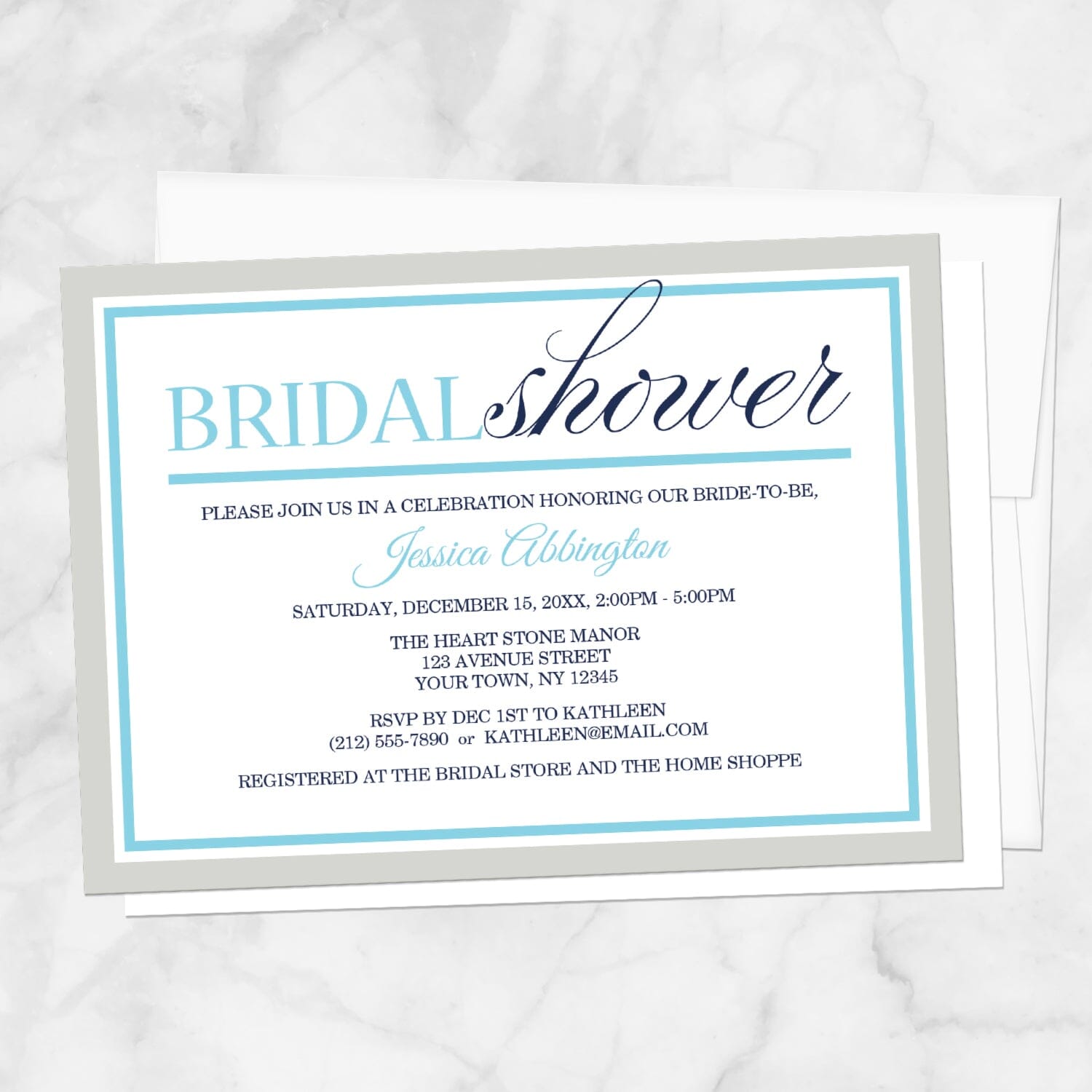 Modern Aqua Navy Gray Winter Bridal Shower Invitation on a marble surface with a white envelope.