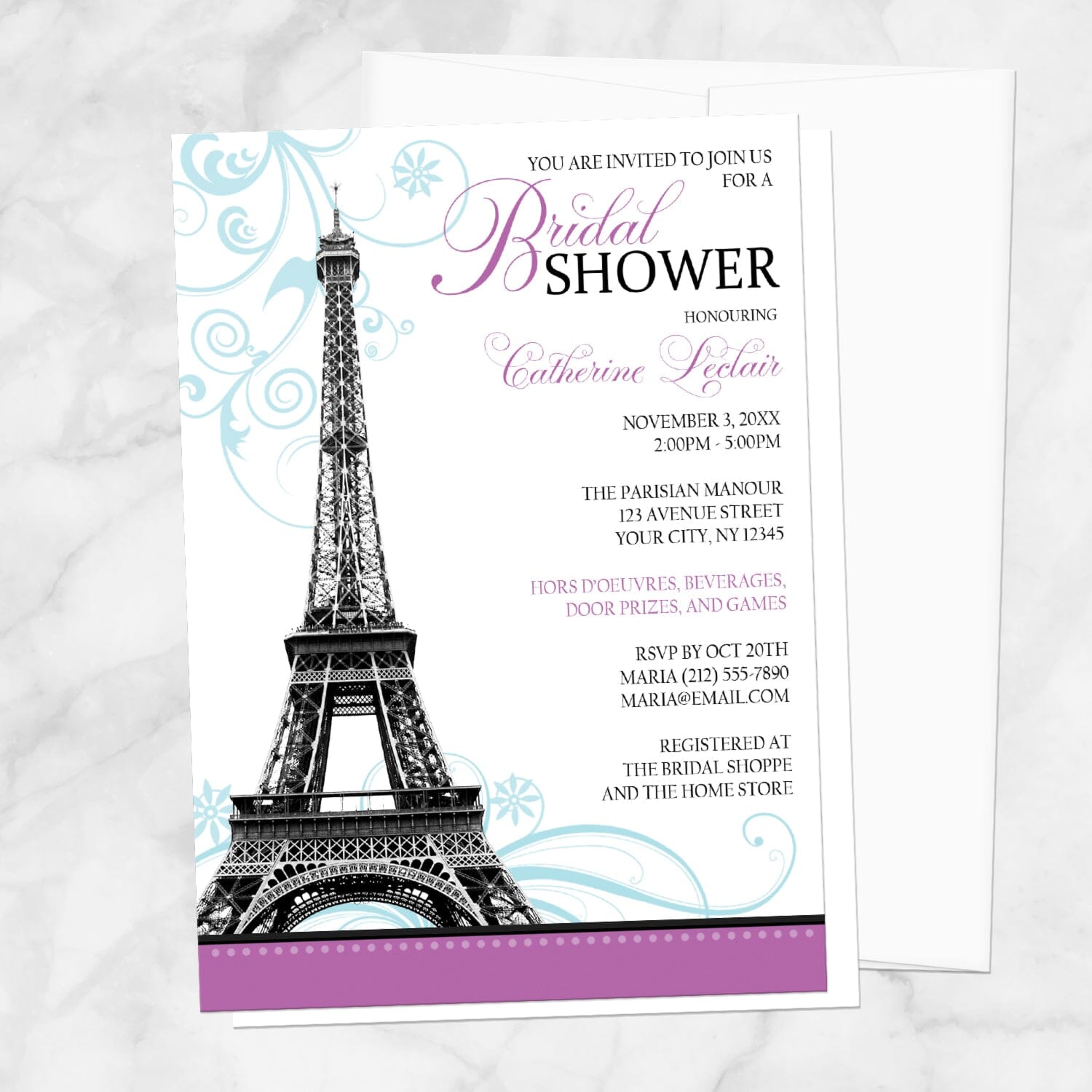 Modern Eiffel Tower Purple Parisian Bridal Shower Invitation shown on a marble surface with a white envelope.