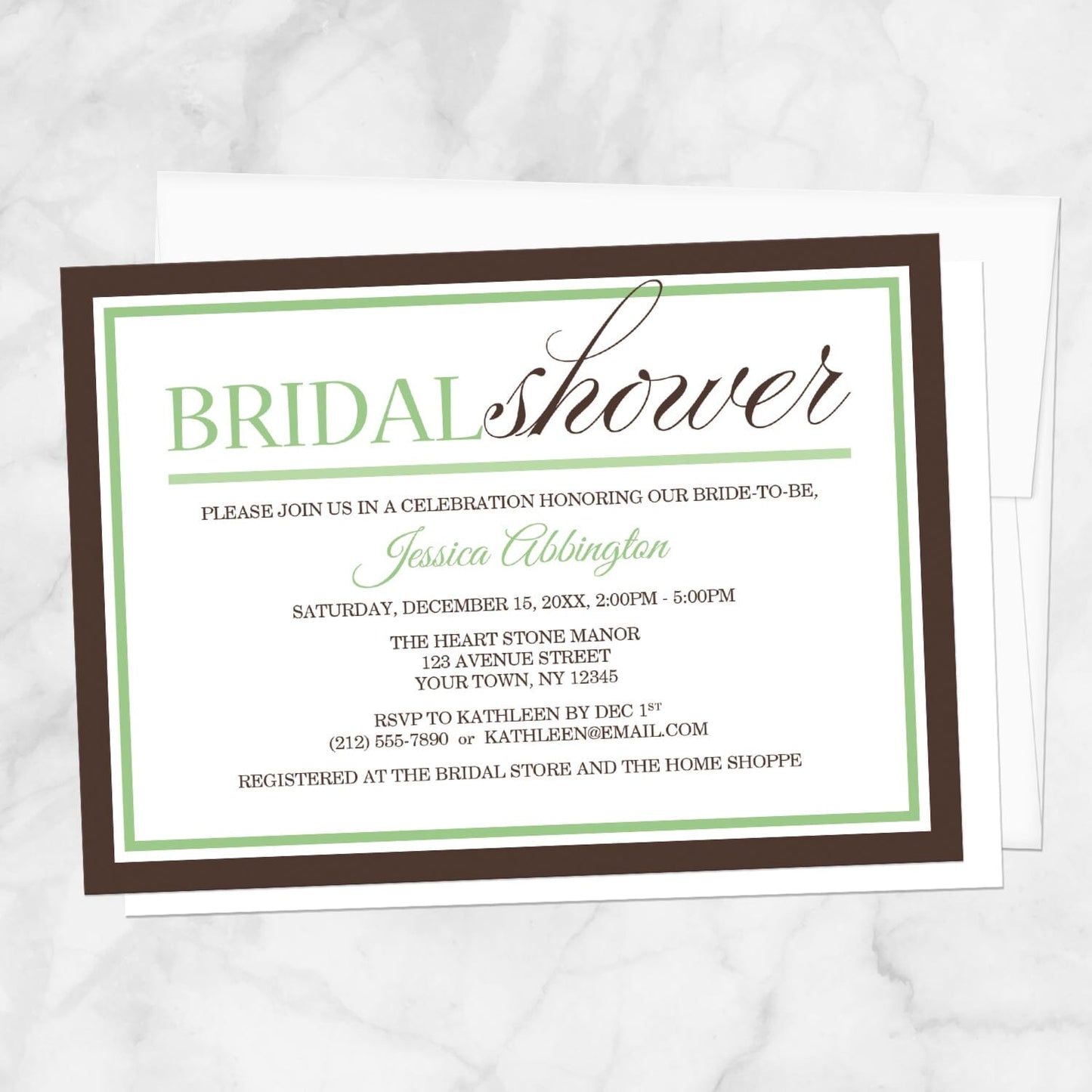 Modern Green and Brown Bridal Shower Invitation shown on a marble surface with a white envelope.