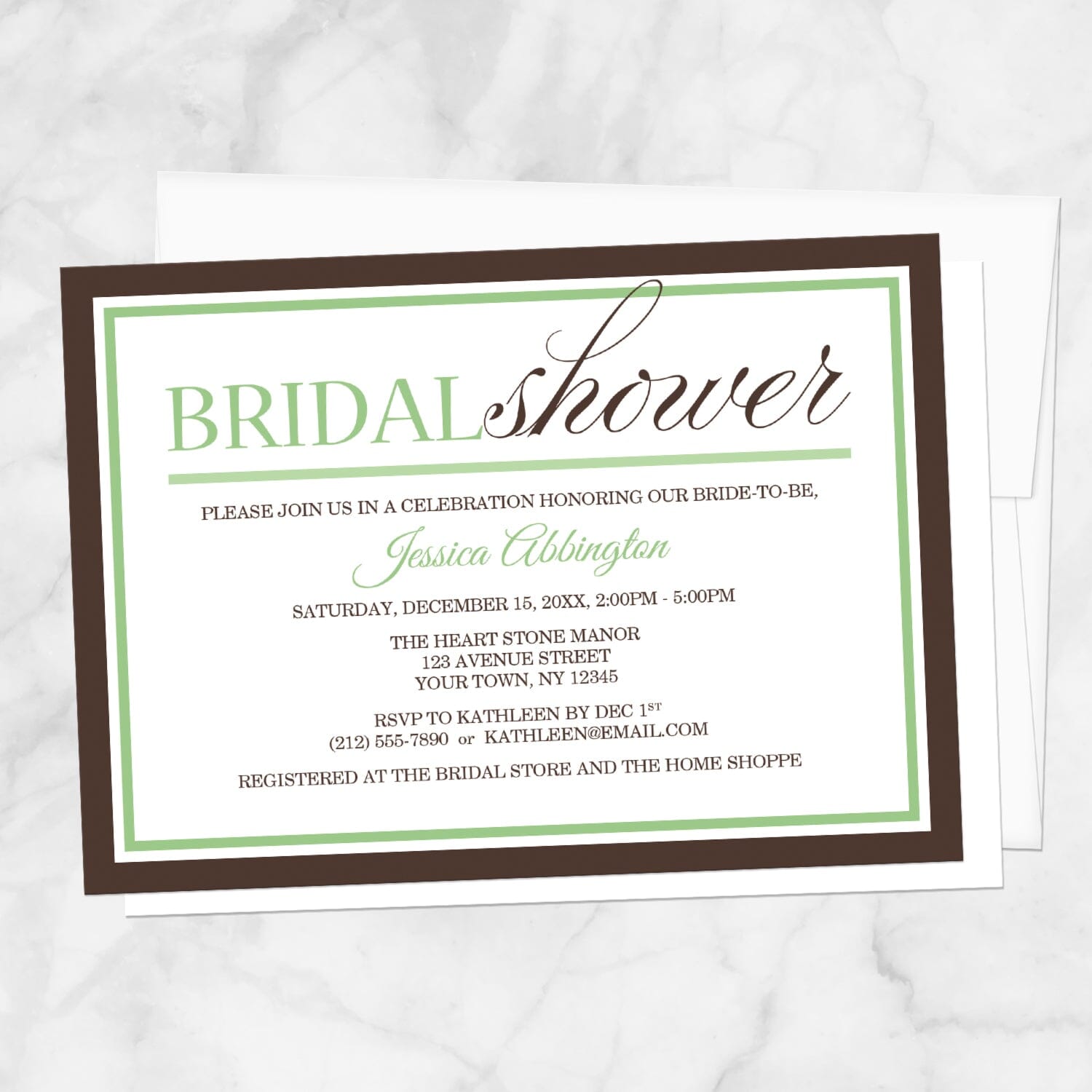 Modern Green and Brown Bridal Shower Invitation shown on a marble surface with a white envelope.